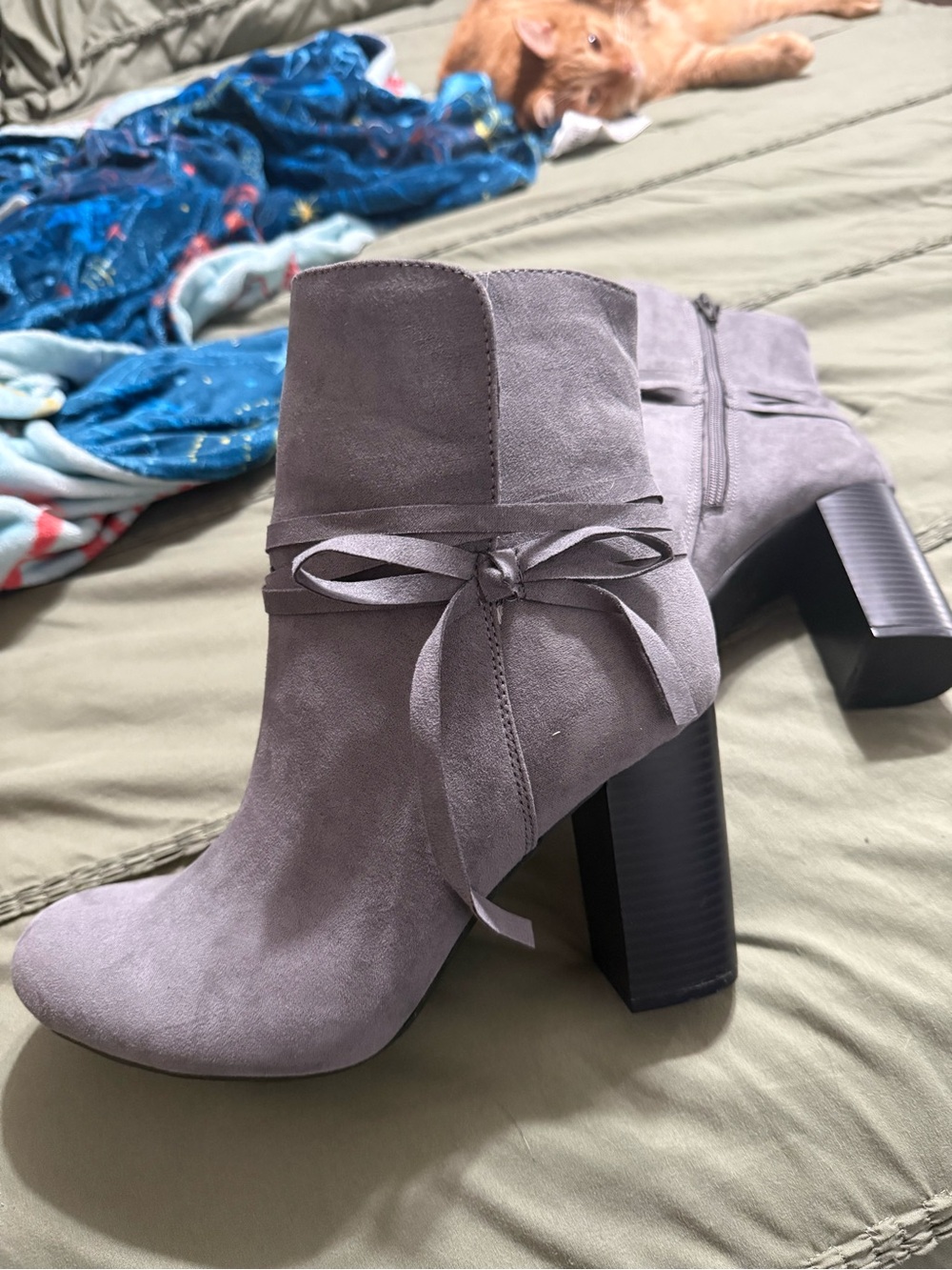 Christian Siriano Gray Suede Block Heel Ankle Boots with Bow Detail